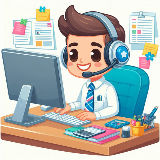 a cartoon man sitting at a desk wearing a headset