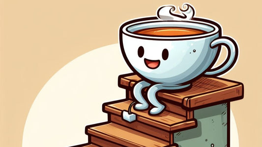 a cartoon cup of tea, smiling, is sitting atop a staircase